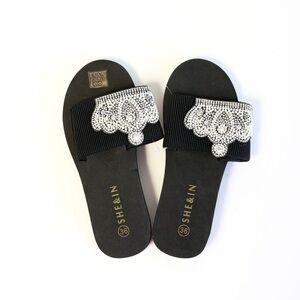 New black embellished crystal sandals open toe slides crown resort EUR 36 US 6